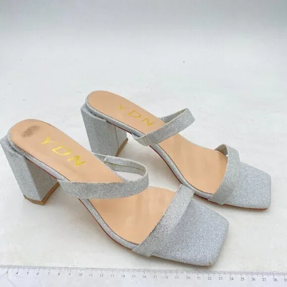 YDN Silver Glitter Open Square Toe Mules Block Heel Double Straps Sandals - Picture 4 of 8